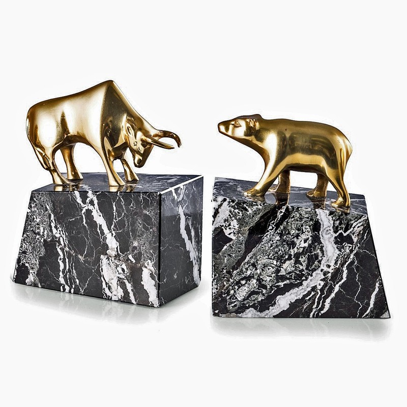 BRASS PLATED BULL & BEAR BOOKENDS – METAL FIGURES ON MARBLE BASES OFFICE DECOR