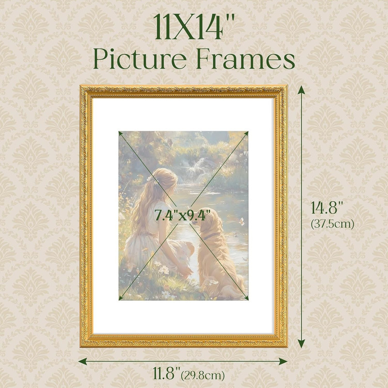 Ornate Vintage 11x14 Picture Frame for 8x10 Photo with Mat, Gold, 1 Pack gallery