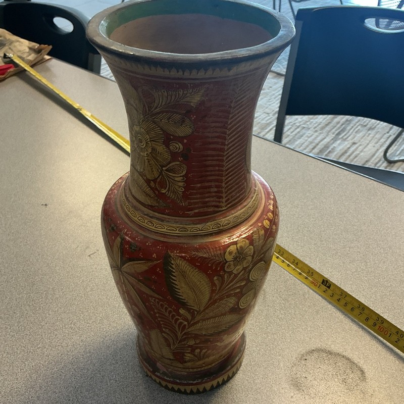 Red & Gold Floral Clay Art Vase, Bottle Shape Decorative Free Standing