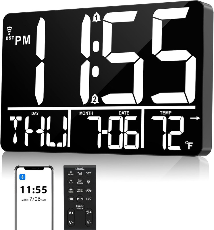 13″ Bluetooth Auto Sync Wall Clock – Large Digital Alarm Clock with Remote 25…