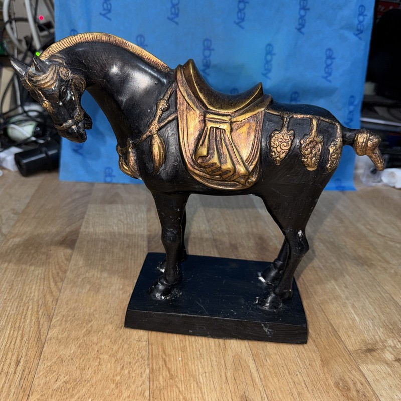 Vintage Tang Dynasty War Horse Bronze/ Brass Painted Black/ Gold W/base 10”x9”