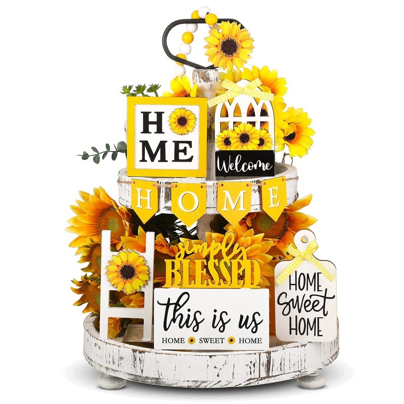 FairySandy 11 Pcs Sunflower Tiered Tray Decor Summer Rustic Home Farmhouse Ti…