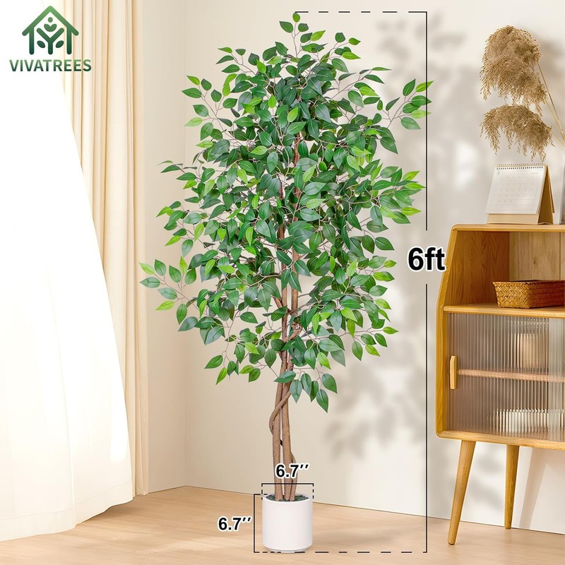6FT Artificial Ficus Tree with White Planter, Realistic Faux Silk Indoor Outdoor gallery