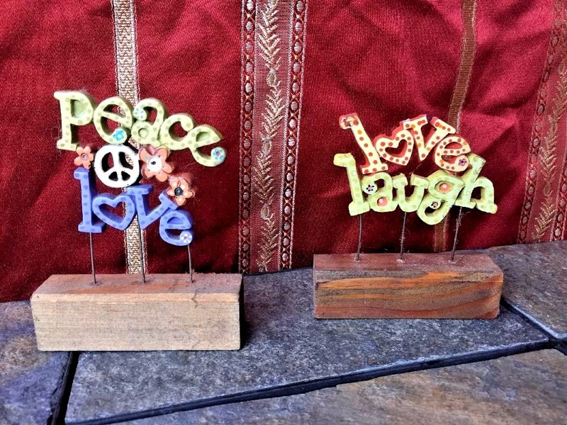 Antique Primitive Cut Out Shelf Sitters PEACE LOVE LAUGH Home Decor Signs Set 2