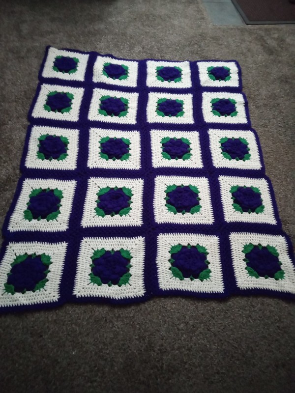 Vintage Afghan Purple Green And White Flowers 43 Wide By 52 Long