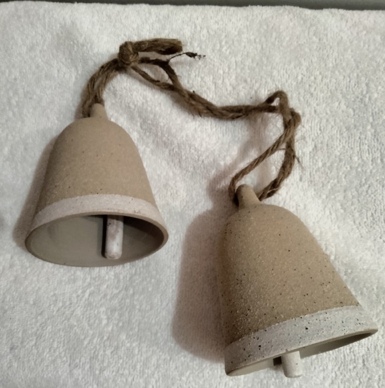 Beachy Stoneware Bells Ornamental & Functional Clappers Hemp Rope Sandy Finish