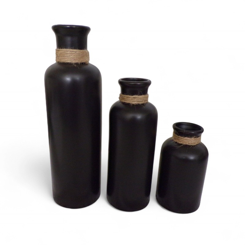 Matte Black Hemp Rope Detailing 3 Vase Set Ceramic New in Box Rustic Decor