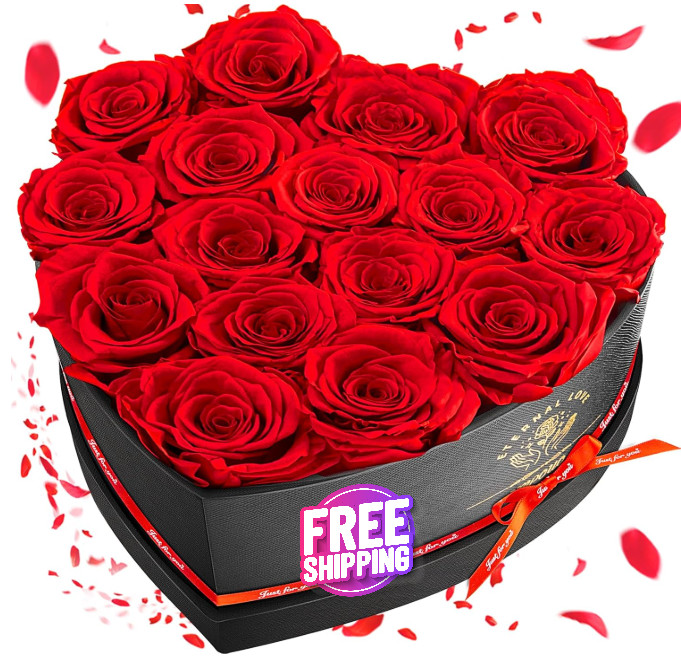 16 rosas preservadas para siempre en una caja de corazón, flores preservadas