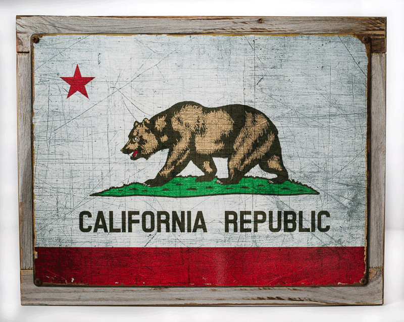 California State Flag Metal Sign Framed on Rustic Wood, Americana, Rustic Décor