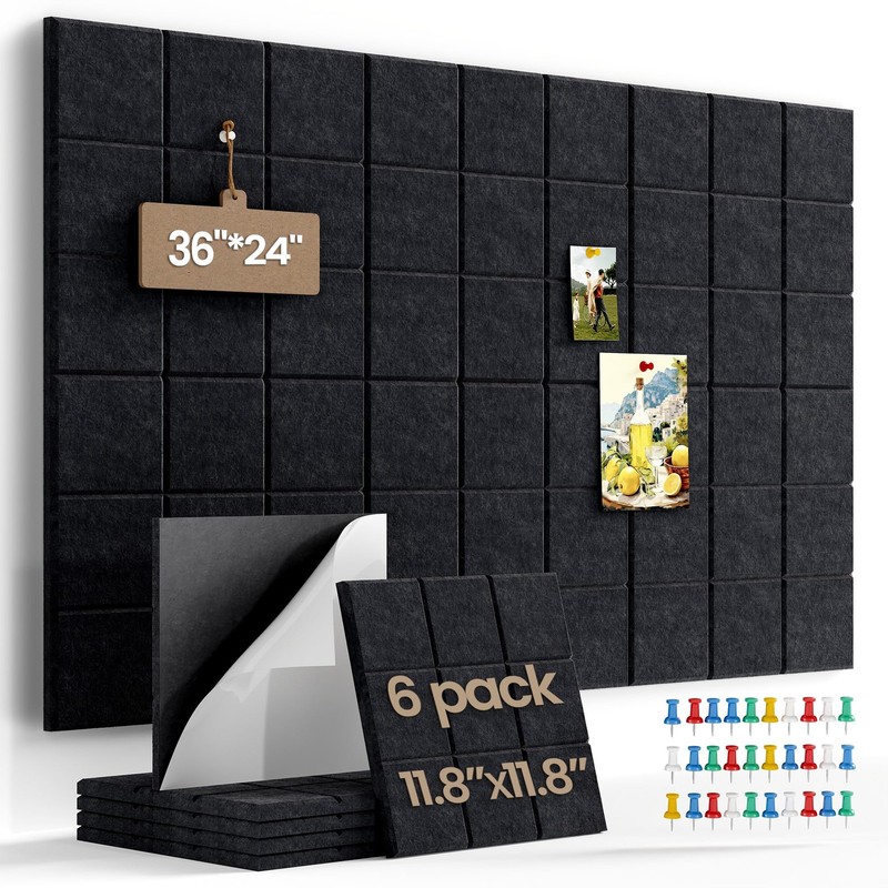 6 PCS 36x24 Inch Black Felt Cork Bulletin Board Wall Tiles Push Pins Square
