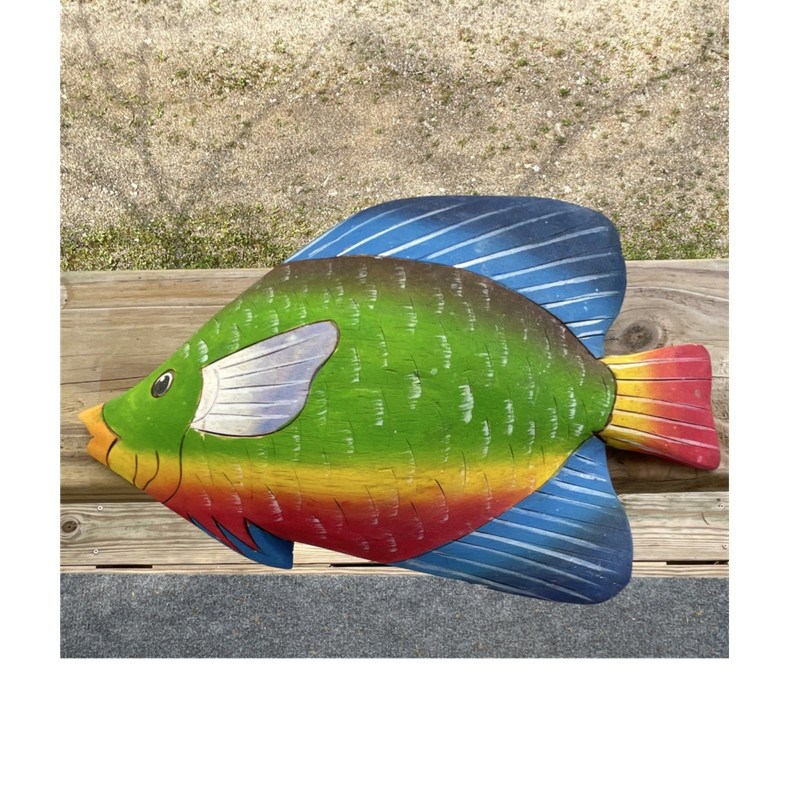 Hand Painted Colorful Wooden Fish Sculpture Sea Life Décor Green Blue Red Yellow