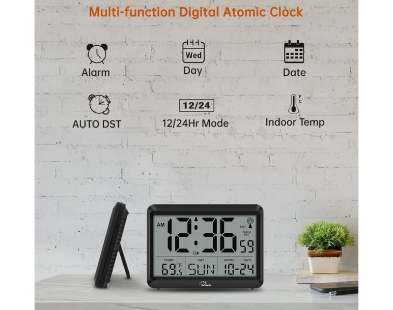 Atomic Wall Clock W Temperature, Humidity, Large Display, Battery Operated,Alarm gallery