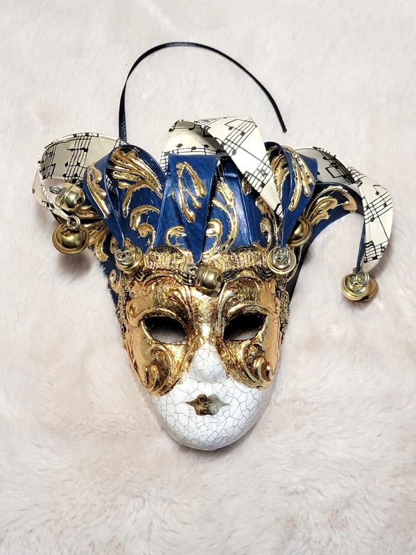 Authentic Kartaruga Venetian Papier Mache Jester's Miniature Mask Gold Blue COA