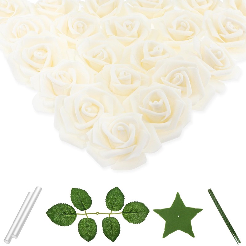100 Pcs 3 Inch Artificial Flowers Bulk 5 in 1 Set Faux Foam Fake Rose Head We…