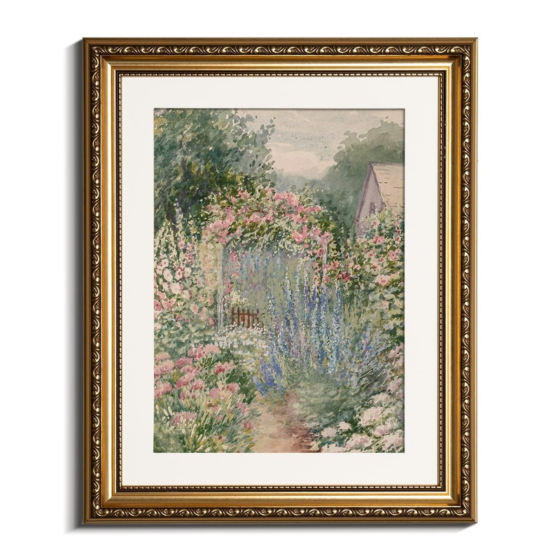 Gold Framed Impressionist Garden Painting Wall Art, Watercolor Floral Landsca…