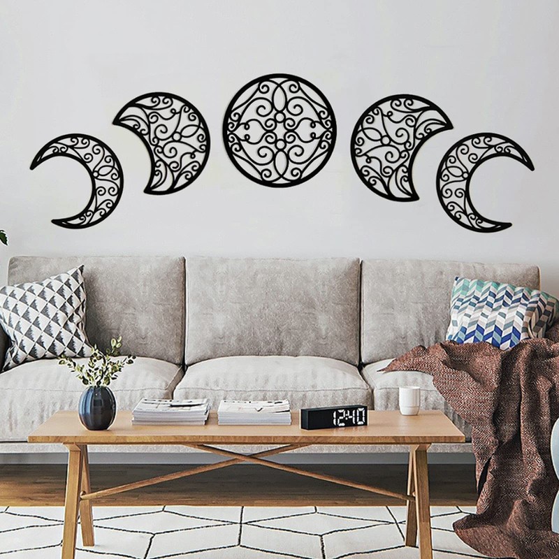 Moon Phase Wall Decor Set Bohemian Bedroom Above Bed Wood Art Hanging 5pc gallery