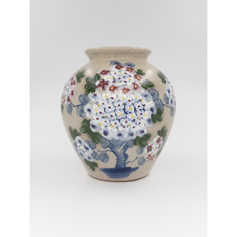 Hand-Painted Crackle Glaze Stoneware Vase With Blossoming Floral Design