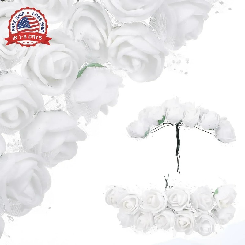 Yolev 144Pcs Mini Artificial Rose Flower Heads and Soft Stem Small White Flowers