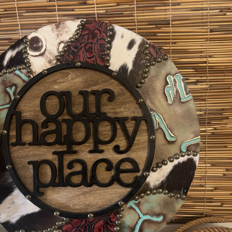 Rustic Wood Round Decorative Leather Wall Hanging Our Happy Place Hair On The Hi gallery