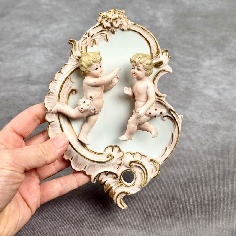 Vintage Lefton Porcelain Cherub Wall Decor Pink Gold Ornate Plaque Hand Painted