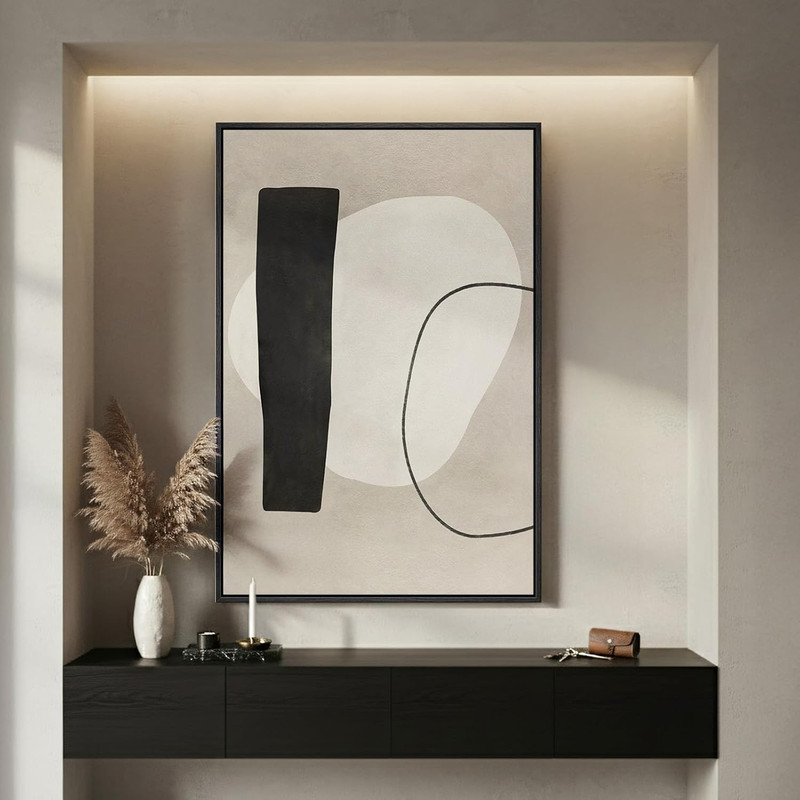 Modern Black and White Abstract Wall Art – Beige Canvas Print 24×36 In