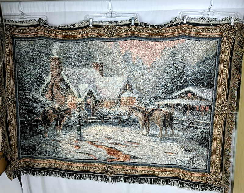 Thomas Kinkade Blanket Throw 66 x 44 in Horses Snow Winter Cottage House Fringe