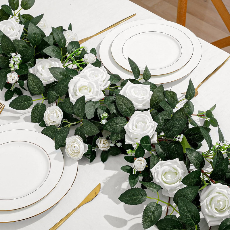 2 Pack 11.2 Ft Artificial Flower Garland with White Roses, Realistic Fake Greene