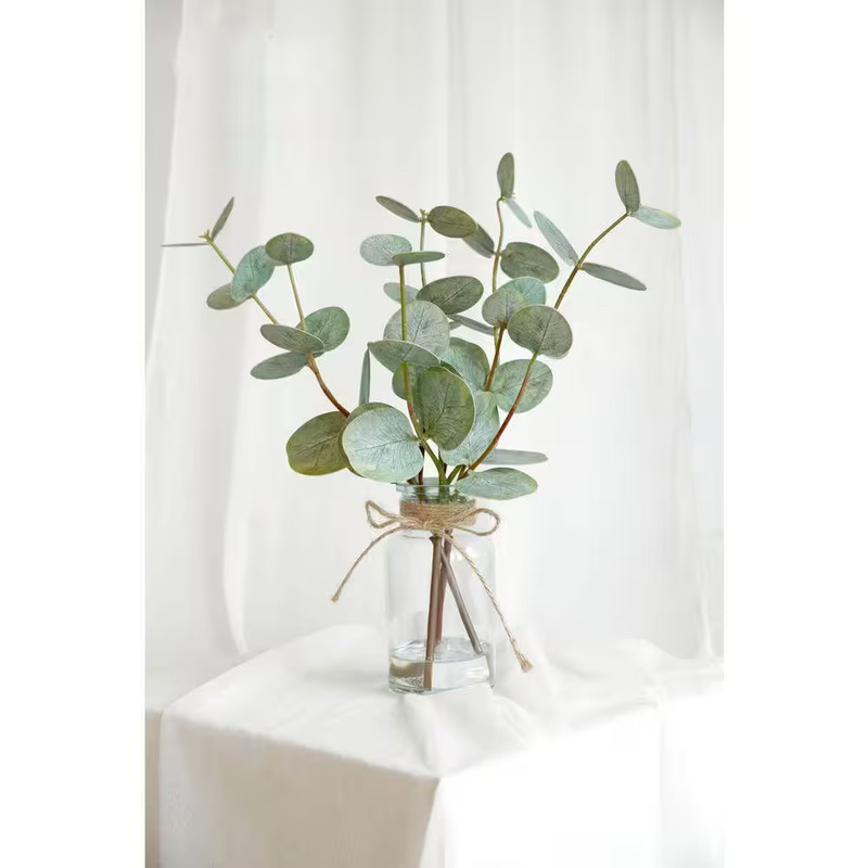 3-Piece 13 In. Green Indoor Artificial Eucalyptus Plant with Glass Vase and Faux gallery