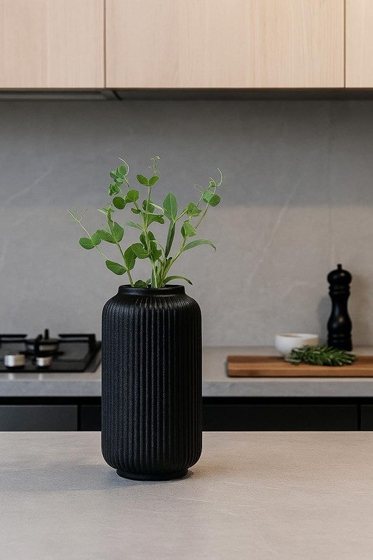 Matte Black Ceramic Flower Vase 8 Inch Ribbed Decorative Centerpiece gallery
