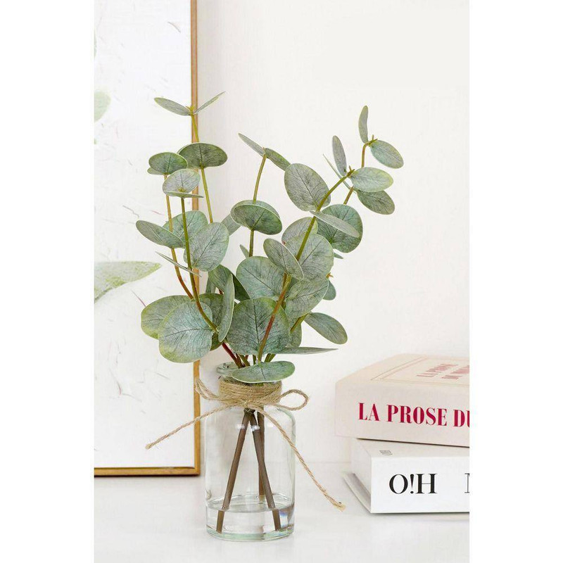 3-Piece 13 In. Green Indoor Artificial Eucalyptus Plant with Glass Vase and Faux gallery