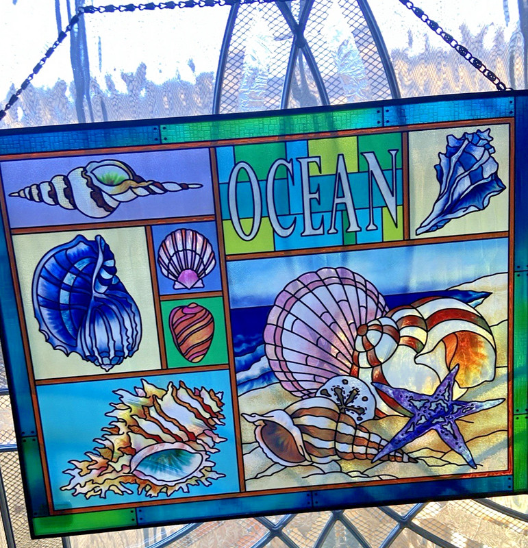 Nautical Impressions Art GLASS- OCEAN SHELLS – Blue Green -window-wall hanging