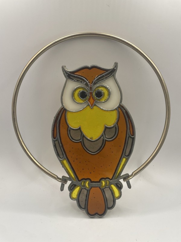 Vintage Owl Suncatcher 8.5” Window Hanging Retro MCM Faux Stained Glass