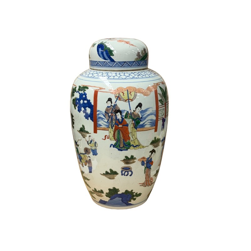 Oriental Color Family Gathering Graphic White Base Porcelain Jar GB344