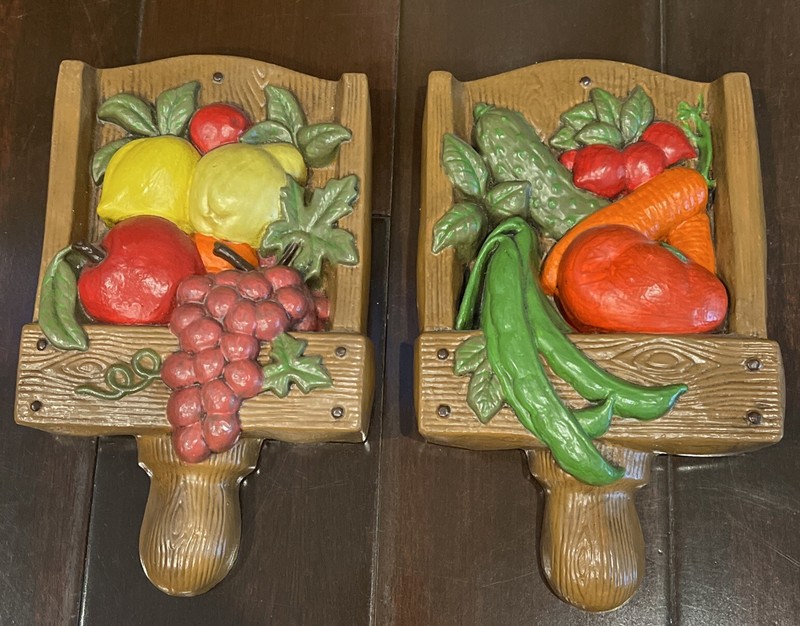 Set of 2 Chalkware Fruit And Vegetable Wall Plaques Kitchen Decor
