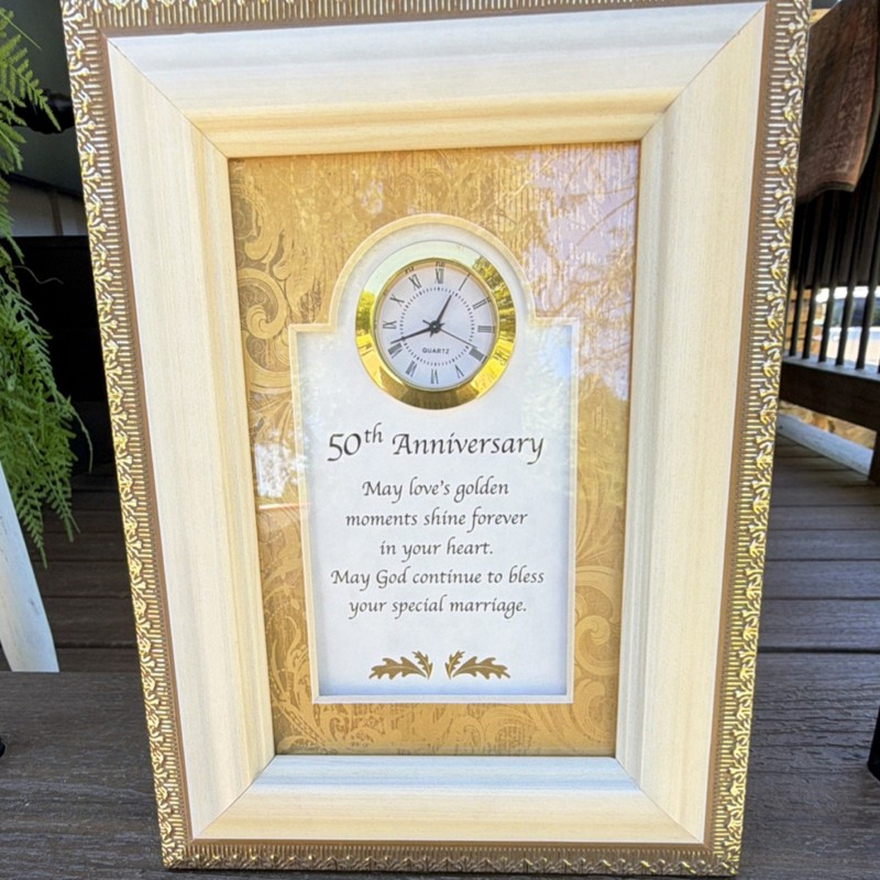 Heartfelt, Inc 50th Anniversary Framed Desk Clock Quartz Analog Roman Gold/White