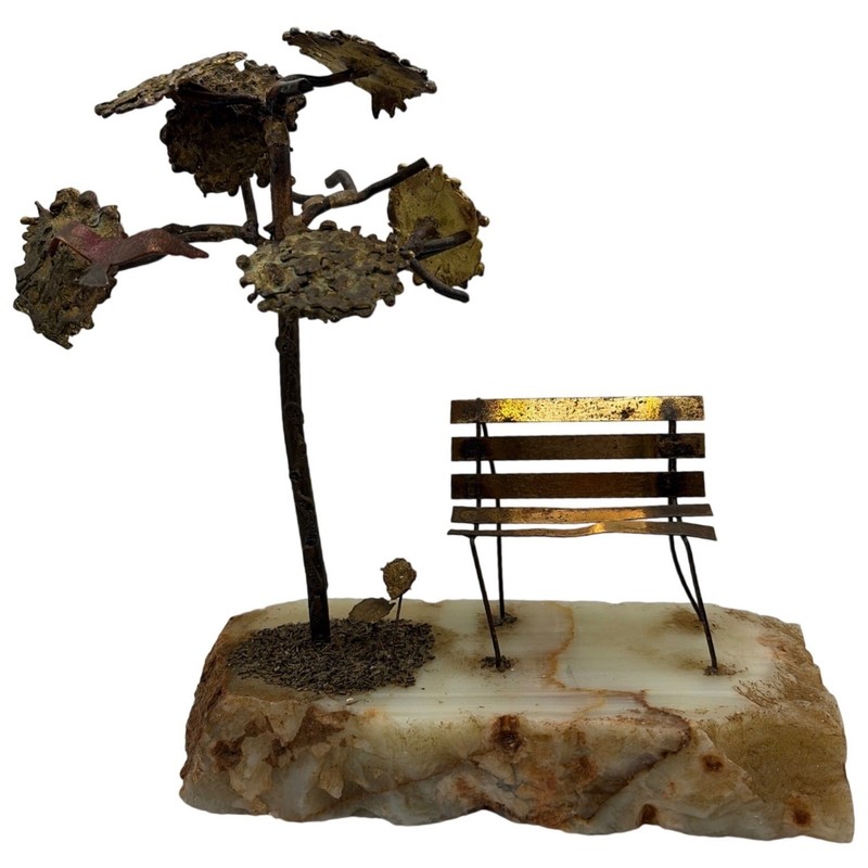 Vintage Brutalist Metal Tree and Park Bench Sculpture on Marble Base MCM Art