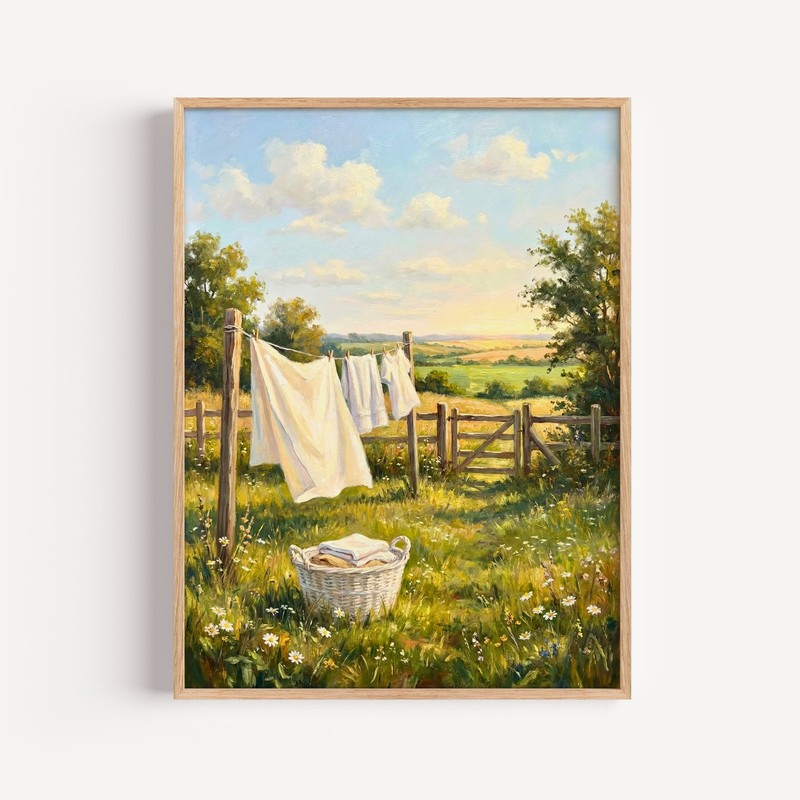 Countryside Laundry Clothesline Canvas Print, Sunny Summer Meadow Painting