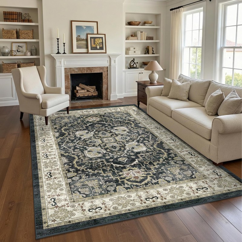 Black 5×7 Washable Area Rug, Non-Slip Soft Ultra-Thin Polyester Carpet with V…