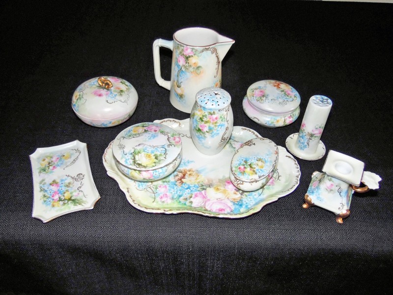 Antique 15 pc Dresser Vanity Set, Limoges France, Floral, Gilded WG & Co