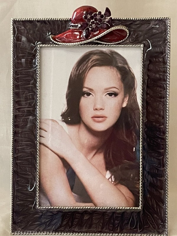 Jeweled Red Hat Picture Frame. Hand Painted Enamel & Swarovski Crystal