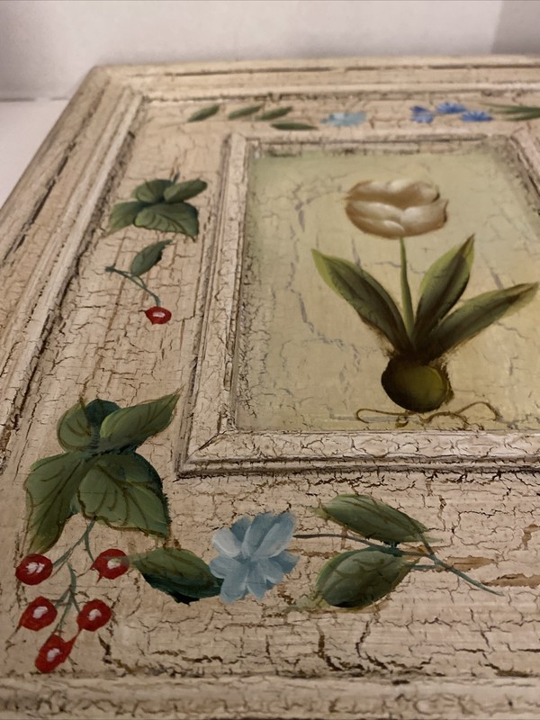 Flower Crackle Look Picture Built In Frame 13x15 Painted Cream, Green, Blue Red gallery