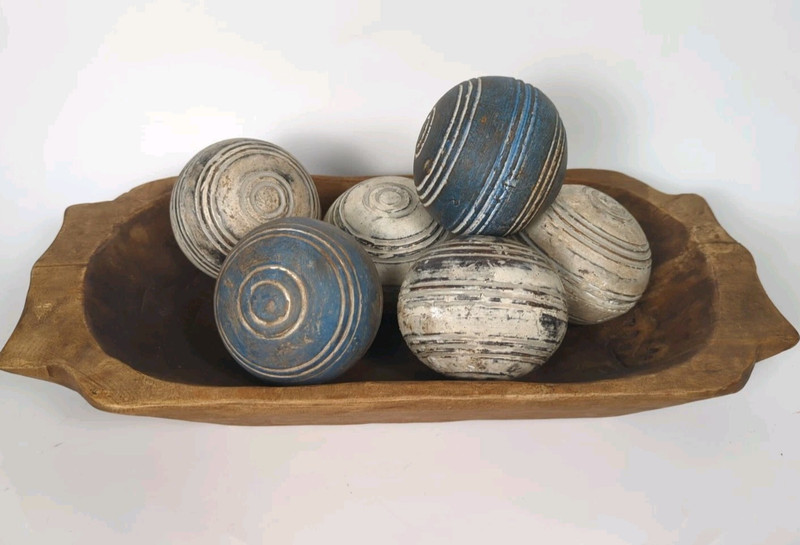 Vintage 6 Decorative Balls Orbs bowl filler Ceramic Blue & Cream Coastal Rustic