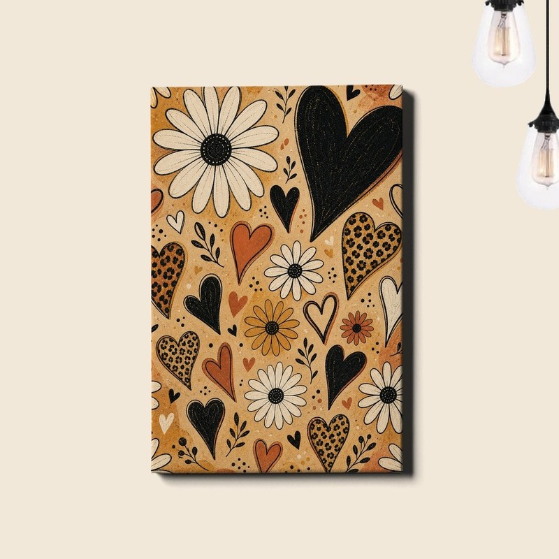 Neutral floral heart pattern in black white and beige Wall Art modern design