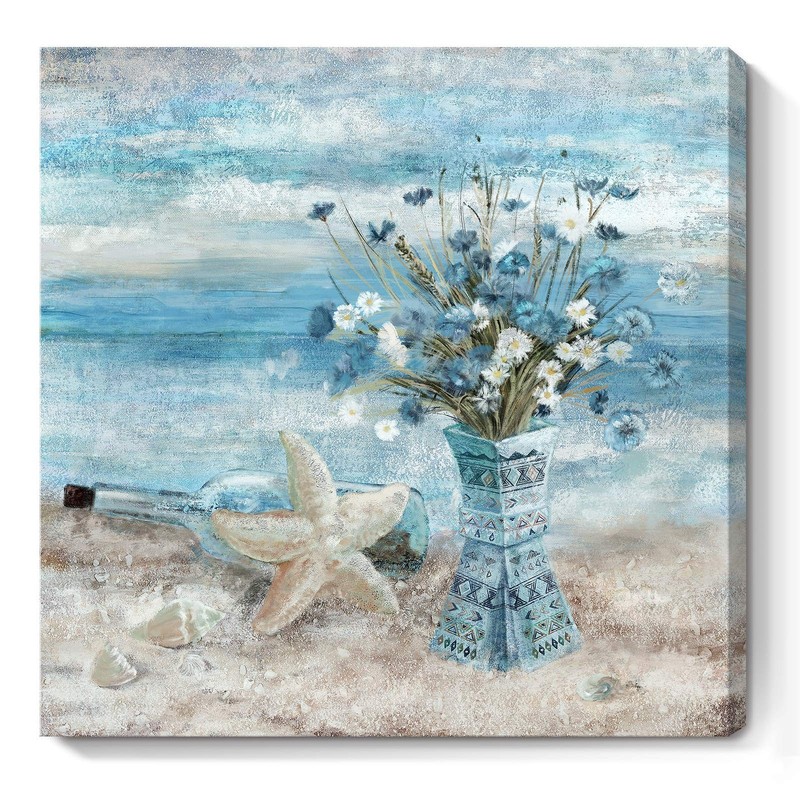 Bathroom Decor Wall Art Blue Beach Picture Ocean 14″L x 14″W,