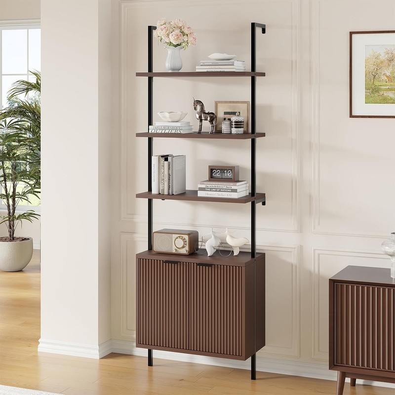 Ladder Bookshelf with Cabinet, 71″ Tall Wall Mounted Bookcase with Shelves &