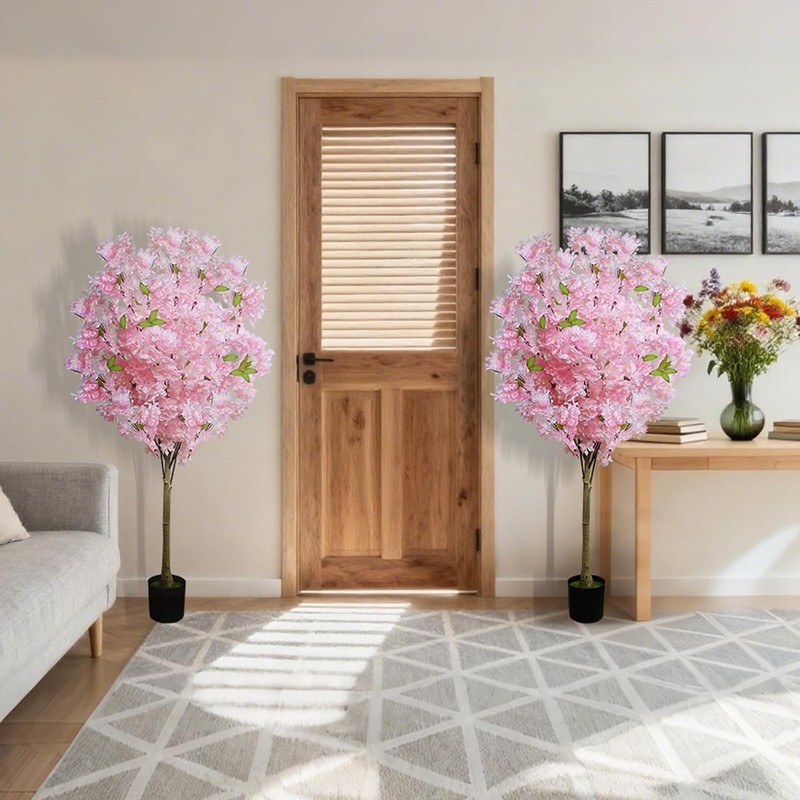 2 Pack Artificial Cherry Blossom Tree,4FT Faux Cherry Blossom Plant in Pot with gallery