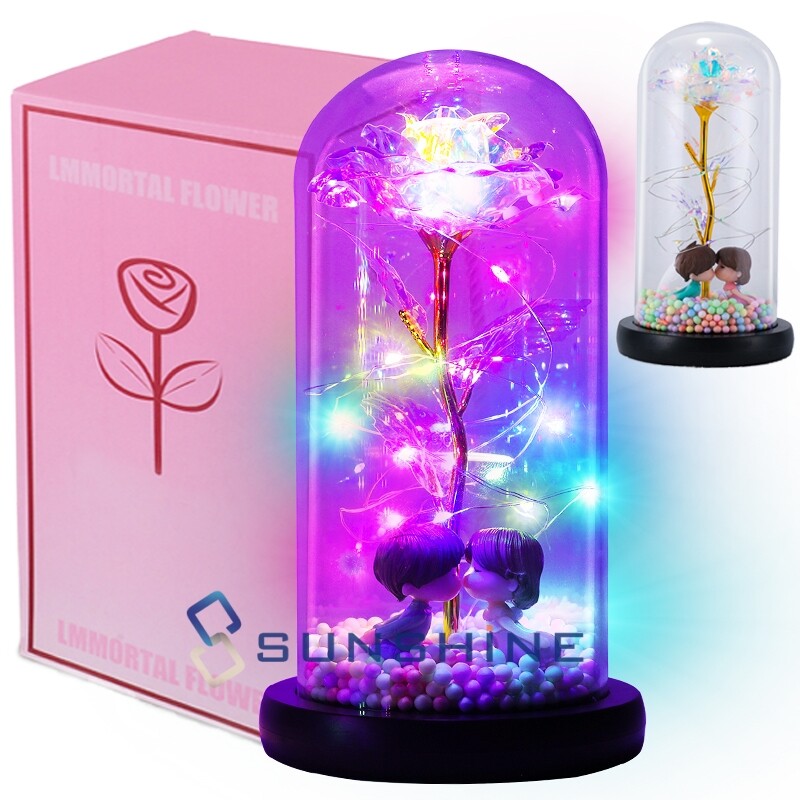 24K Gold Plated Dipped Rose Flower in Glass Dome Romantic Gift Love for Mom Girl