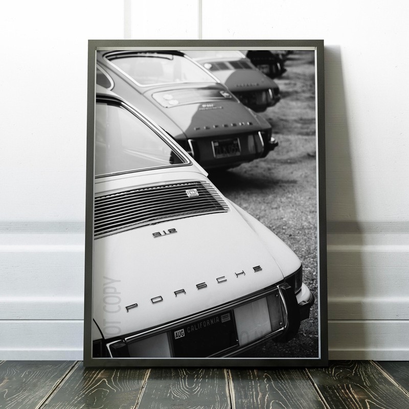 Porsche 911 Vintage White Parked Retro Classic Cars Wall Art Poster Print