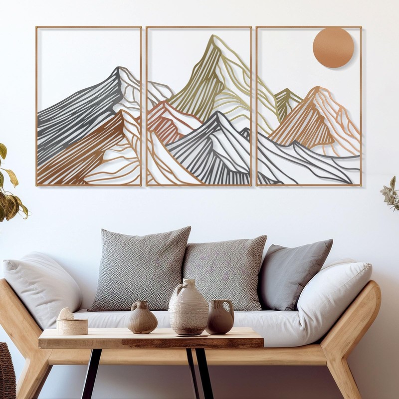 3 Pcs Colorfor Mountain Metal Wall Decor – Minimalist Sunrise Line Art Abstra…