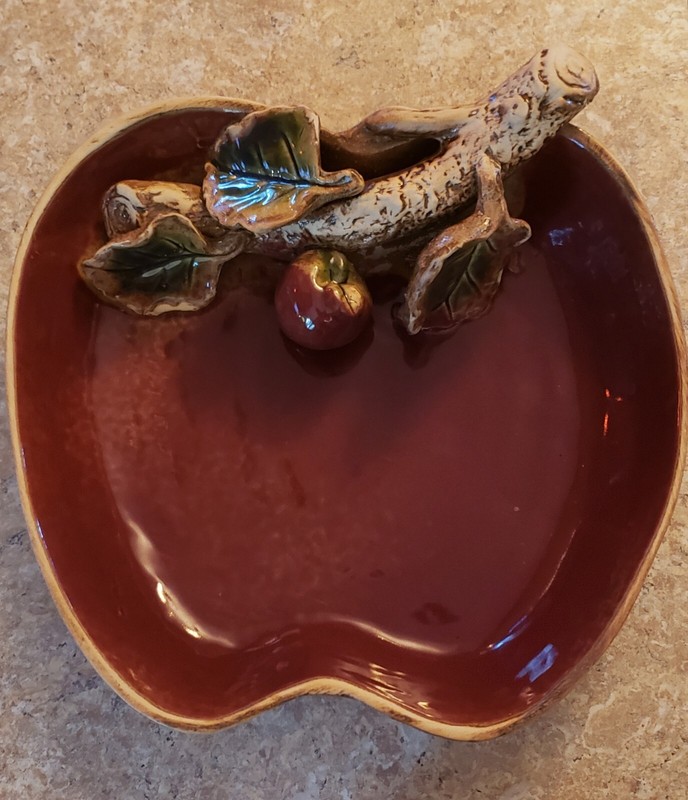 Farmhouse Chic Apple Bowl- Trinket Dish w/Applied Branch &Smaller Apple Vintage